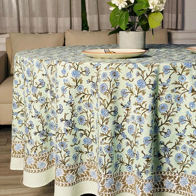 Ridhi Round Tablecloth Hand Block Print 100% Cotton Reusable Laurel & Army Green 60 Inch Table Cover Decorative Everyday Use for Dining, Home, Party, Wedding, Farmhouse Gift for Spring, Mother's Day
