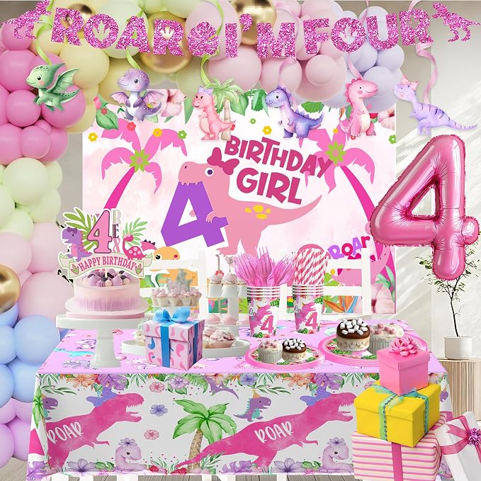 Pink Girl Dinosaur 4th Birthday Decorations for Dino-Four dinosaurs girl Birthday Party Tableware Set include Glitter Roar I'm Four Banner Plates Napkins Cups Tablecloth for 4th Girls Party Supplies
