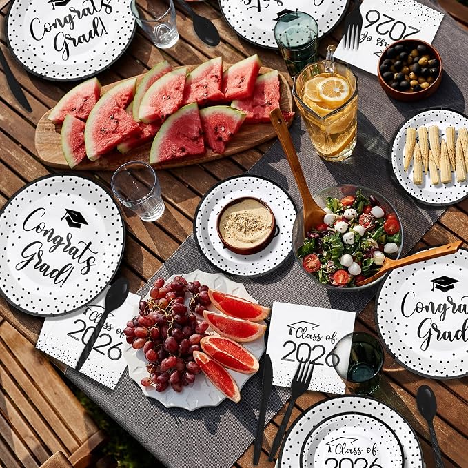 175pcs Class of 2026 Graduation Plates and Napkins Set, Disposable Paper Plate Set Polka Dots Napkin Cups Knife Fork Spoon for Graduation Party Decorations and Supplies,Serve 25 (White Black)