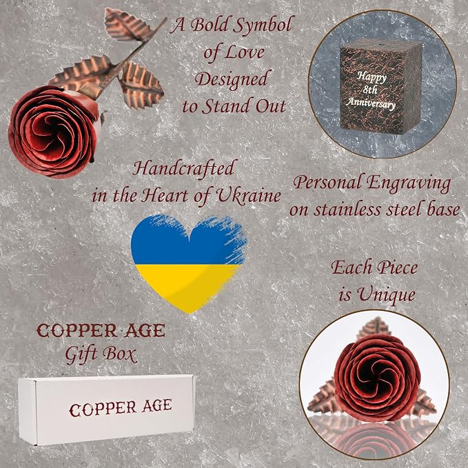 Bronze Anniversary Rose – 8th & 19th Wedding Anniversary Keepsake – Solid Copper Rose with Deep Red Bloom – 12 Inch Handcrafted Flower