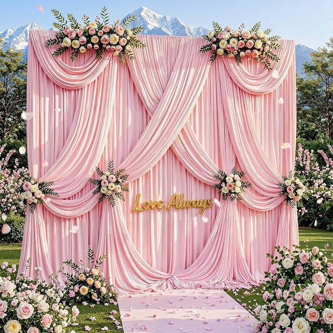 20ftx12ft Wrinkle Free Pink Backdrop Curtain, 4 Panels 12FT Long Wedding Photo Backdrop Drapes, Silky Polyester Back Drop Cloth for Birthday Photography Background Party Backdrop Draping