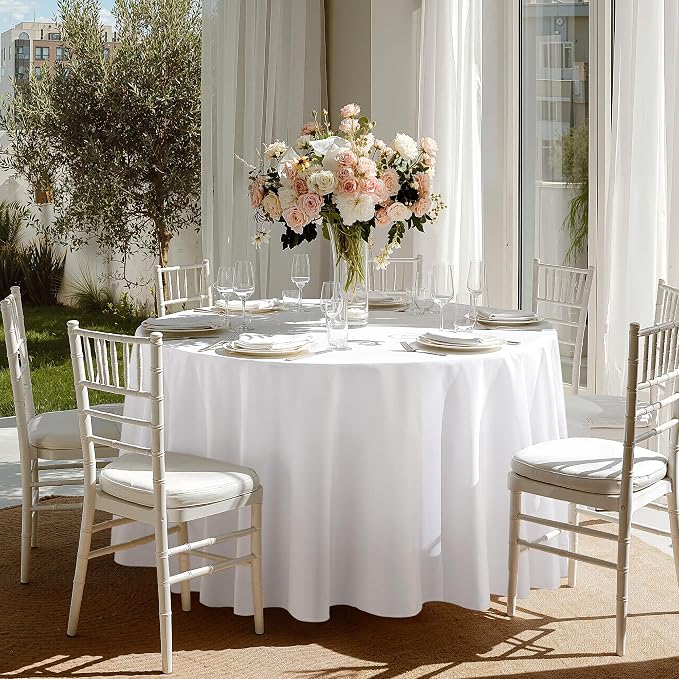 joybest 6 Pack White 108 Inch Round Tablecloths, Washable Polyester Fabric Circle Table Cloth for Wedding Party Banquet Birthday Buffet Restaurant