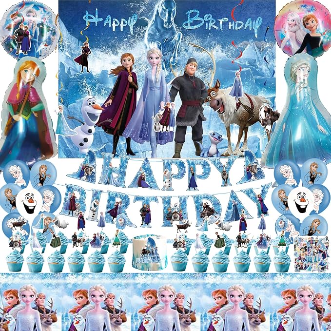 Cartoon Birthday Party Decorations Set with Latex Balloons | Foil Balloons | Happy Birthday Banner | Cake Toppers | Tablecloth | Hanging Swirls | Stickers for Winter Princess Theme Celebration