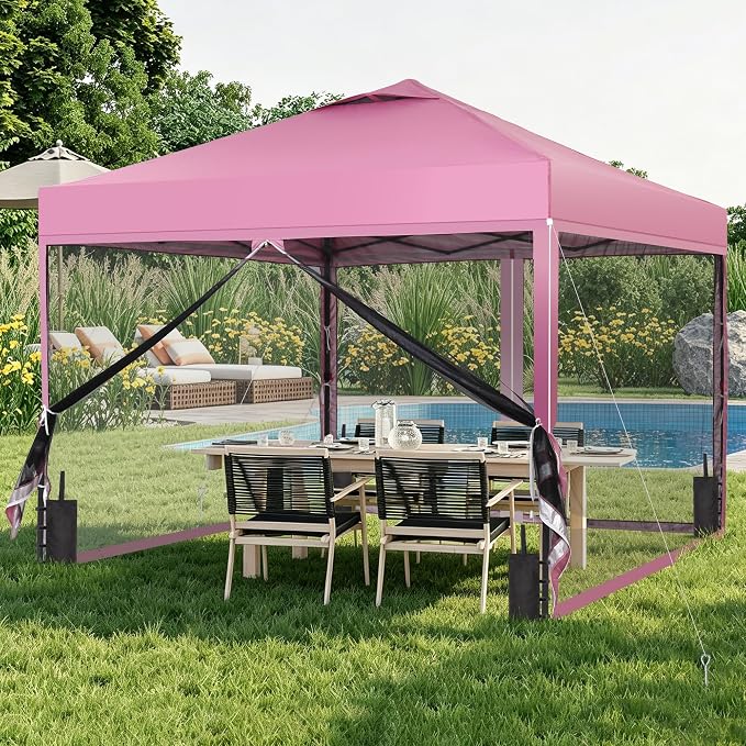 GDY 10x10 Pop-up Canopy Tent with 4-Mosquito Nettings, Outdoor Screen Gazebo with 4 Sandbags, 4 Ropes & 8 Stakes, 3-Level Height Adjustment for Patio, Camping, and Backyard, Pink