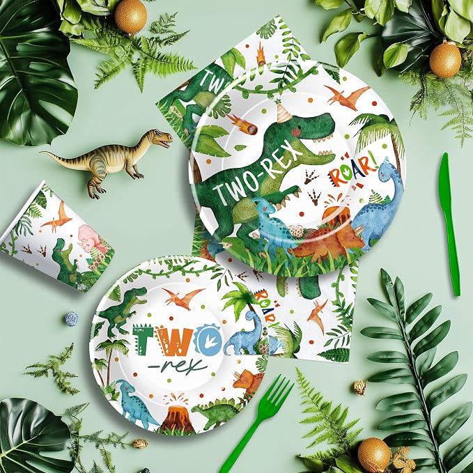 Srua Don Dinosaur 2nd Birthday Party Supplies For Boy, Dino Two Rex Birthday Decorations, Disposable Paper Plates, Cups, Napkins, Tablecloth, Cutlery, Swirls, Banner, Serves 24