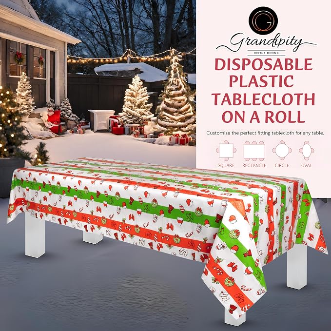 Grandipity Plastic Tablecloth Roll - 54in x 100 Ft. Christmas Plastic Table Cloths for Parties Disposable with Cutter Box - Cut to Size Disposable Tablecloth Table Cover for Rectangle & Round