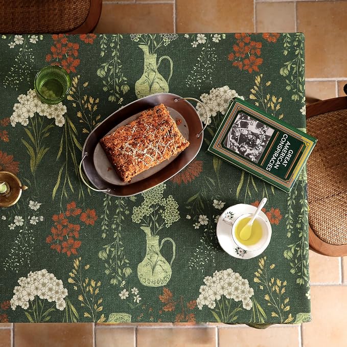 ISAENNE Designer Linen Green Rectangular Tablecloth,102"x63"-Nocturne | Vintage Elegant Table Cloth Rectangle Table,Floral Pattern,Decoration,Heavyweight,Dining,Kitchen,Tea Party,Thanksgiving