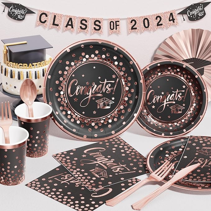 Ecomore 2026 Graduation Party Decoration - 350 PCS Black Pink Rose Gold Grad Supplies Disposable Dinnerware (Severs 50) w/Paper Plates Napkin Cup Plastic Cutlery for College High School Class of 2026