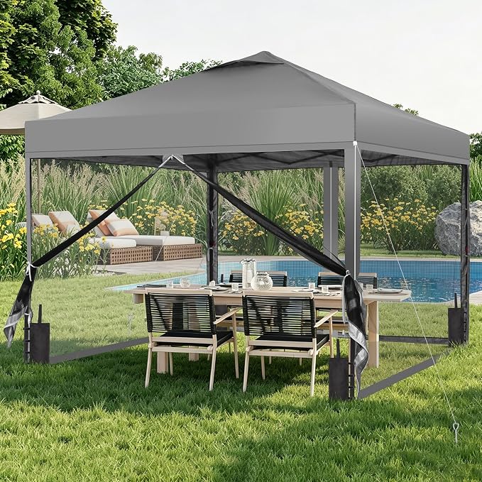 GDY 10x10 Pop-up Canopy Tent with 4-Mosquito Nettings, Outdoor Screen Gazebo with 4 Sandbags, 4 Ropes & 8 Stakes, 3-Level Height Adjustment for Patio, Camping, and Backyard, Grey