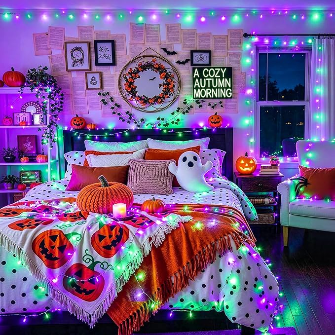 JMEXSUSS 33FT 100 LED Battery Operated Halloween Lights with Remote, Purple and Green Halloween Lights Indoor Outdoor, 8 Modes String Lights for Outside Yard Tree Front Porch Room House