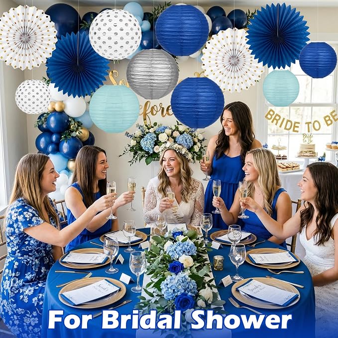 Navy Blue Party Decorations Set with Hanging Paper Lanterns Fans for Graduation Decorations 2026 50th 60th Birthday Wedding Anniversary Baby Shower Retirements