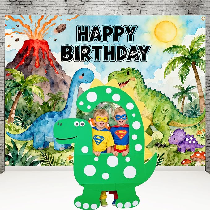 Dinosaur Birthday Backdrop 8x6FT – Large Happy Birthday Dinosaur Banner with Ribbon, Double-Stitched, Clear & Bright Dino Jungle Background for Boys Girls Birthday Party Decorations & Photoshoot Props