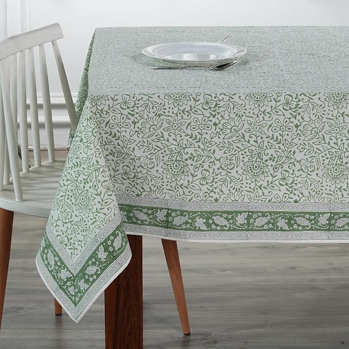 Ridhi Green Jal Hand Block Print Cotton Rectangle Tablecloth 160" x 72" inches Reusable Table Cover Decorative Everyday Use for Dining Room, Farmhouse, Home Gift for Spring, Mother's Day