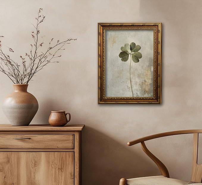 Vintage Gold Framed Vintage Plant Wall Art Four-leaf clover Canvas Wall Decor Retro Shamrocks Poster Print Artwork Patrick's Day painting Picture for Home Living Bedroom Farmhouse Hallway