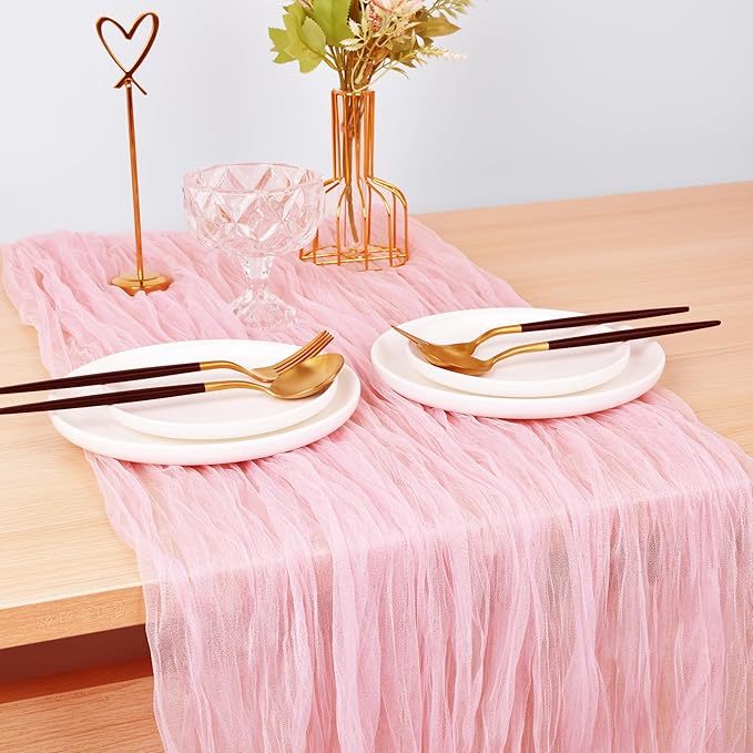 Joanlody Blushing Pink Cheesecloth Table Runner Fall Thanksgiving 10Ft Rustic Gauze Boho Cheese Cloth Table Runner for Wedding Bridal Baby Shower Decoration