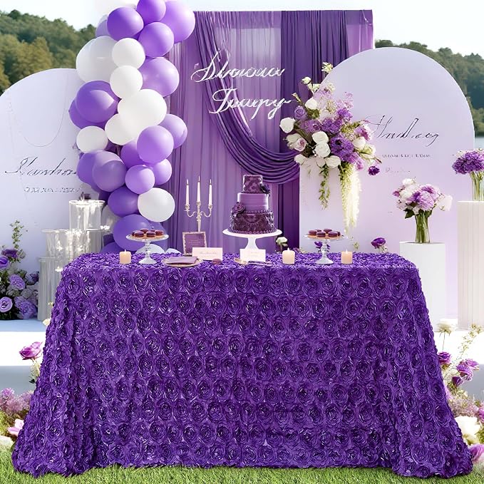 B-COOL Rosette Tablecloth 90x132 Inch Purple Rectangle Rose Wedding Tablecloth 3D Floral Satin Tablecloths for Ceremony Engagement Party Prom Table Decorations