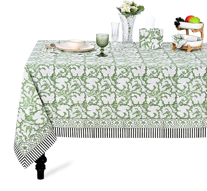 Ridhi 100% Cotton Hand Block Print Tablecloth Washable Easter Thanksgiving/Christmas Parties/Wedding Use,Fall décor Farmhouse Dining Tablecloth (Sage Green, 4 Seater 60x60 Inches Square)