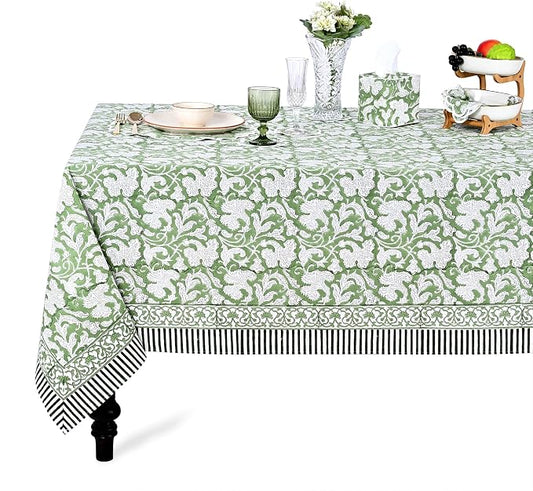 Ridhi Sage Green Hand Block Print Cotton Rectangle Tablecloth 102" x 48" inches Reusable Table Cover Decorative Everyday Use for Dining Room, Farmhouse, Home Gift for Spring, Mother's Day