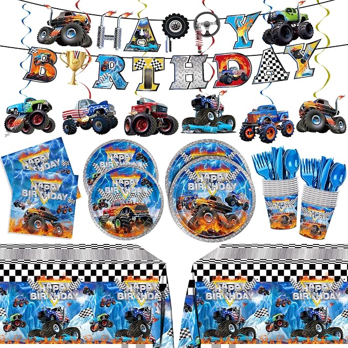 177pcs Monster Truck Birthday Decorations Plates Napkins Disposable Tableware Set Include Plates, Napkins, Cups, Cutlery, Banner, Hanging Swirls, Tablecloth for Monster Truck Party Supplies Serve 24 ﻿