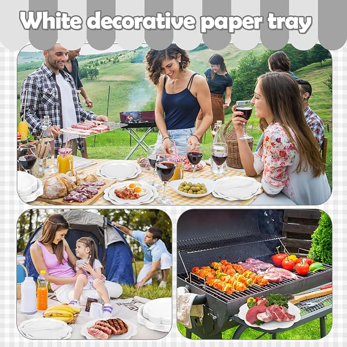 96 Pcs White Paper Plates and Napkins Set Party Supplies, Tableware set for 24 Guest include Disposable White Scalloped Plates, Napkins and Forks for Baby Shower Bridal Shower Wedding