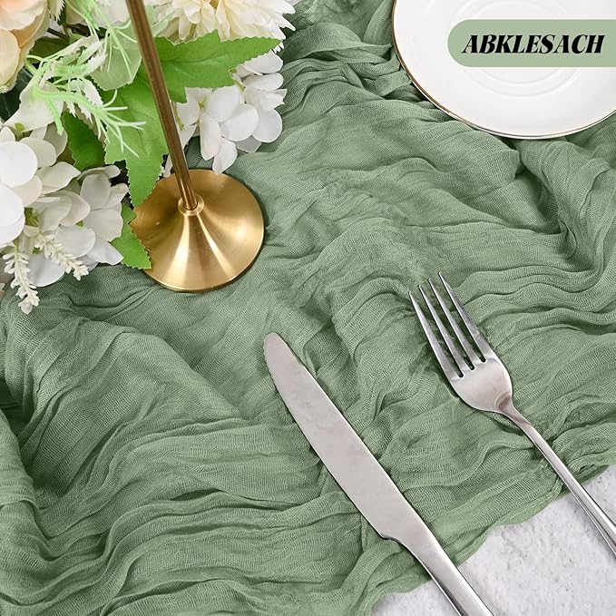 12 Pack Sage Green Cheesecloth Table Runner 120 inch Fall Thanksgiving Boho Rustic Gauze Farmhouse 10FT Cheese Cloth Runner for Baby Shower Wedding Party Holiday Home Decor