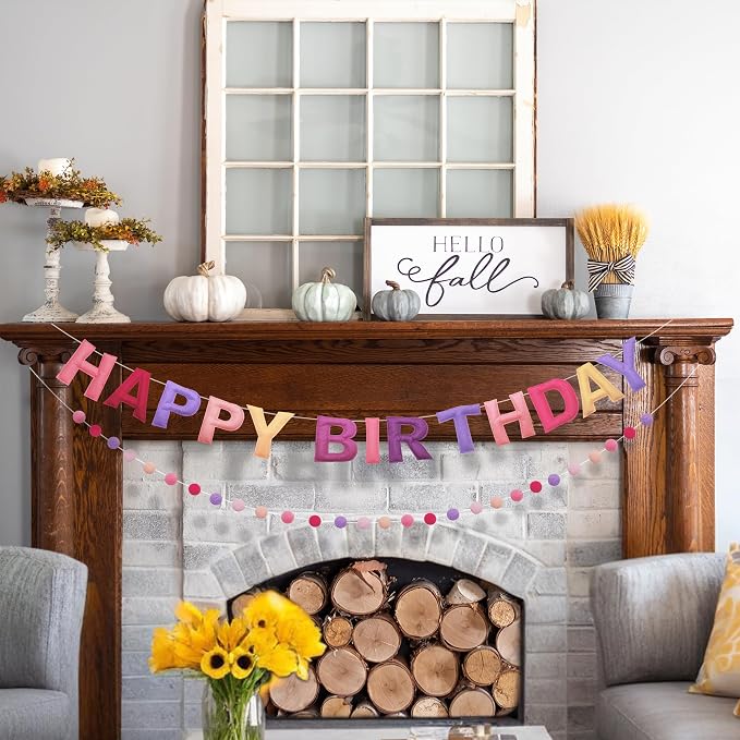 2 PCS Pre-Strung 3D Felt Happy Birthday Banner - Reusable Happy Birthday Decorations Sign, Felt Ball Garland, Pom Pom Garland, Party Decor, Photo Prop（pink & purple）