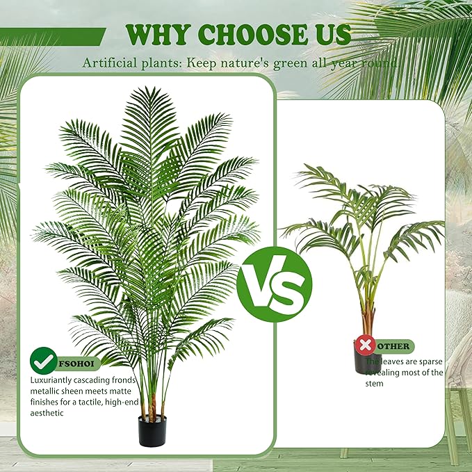 Artificial Palm Tree 7FT Faux Plants Indoor Tropical Fake Palm Tree Areca Floor Plant in White Pot with 18 Trunks & Real Bark Design, Faux Palm Plant for Outdoor Patio Home Room Office Decor