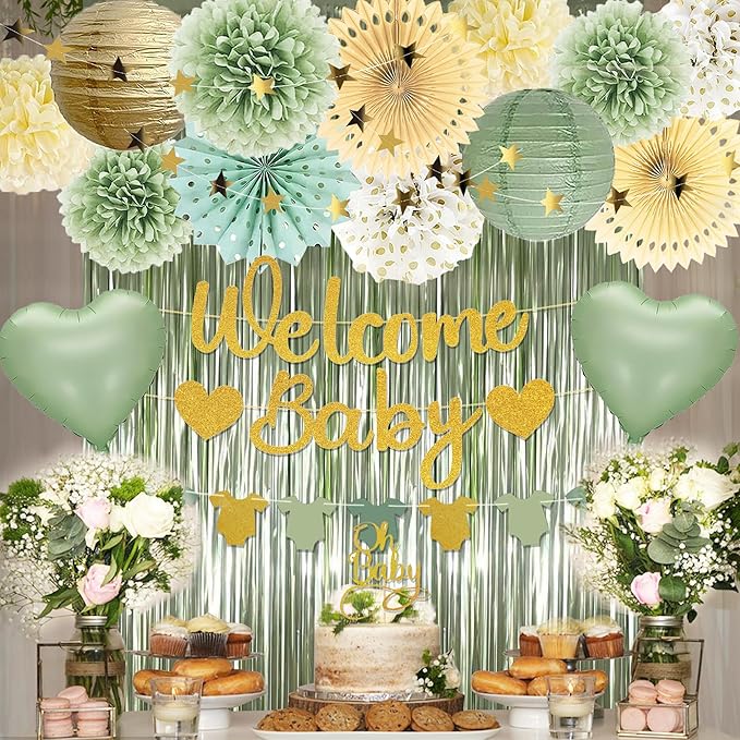 Sage Green Baby Shower Decorations - Gender Neutral Baby Shower Decor Set with Welcome Baby Banner, Tissue Pom Poms, Paper Lanterns, Flower Fans, Balloons, "Oh Baby" Cake Topper & Star Garland