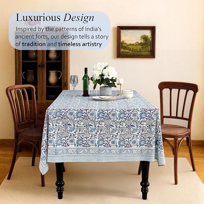 CPC Tablecloth 100% Cotton 60x90 Inch Indian Block Print Rectangle Table Cover, Washable Table Cloth for Weddings, Spring/Summer, Barbeque - Indigo Blue