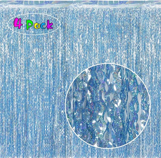 4 Pack Wavy Blue Tinsel Backdrop Streamers Party Decorations 3.3x6.6 Feet | Foil Fringe Curtain Ocean Themed | Blue Birthday Decorations