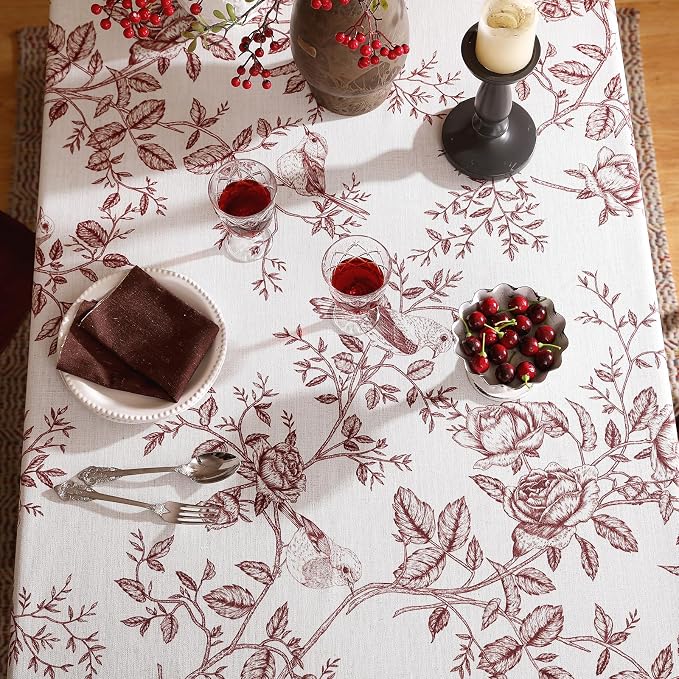 ISAENNE Designer French Linen Rectangular Tablecloth,110"x63"-Harmony | Vintage Elegant Long Table Cloth Rectangle Table,Red Floral and Bird Pattern,Decor,Dining,Kitchen,Tea Party,Thanksgiving