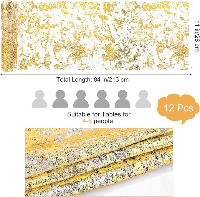 Aneco 12 Pieces Metallic Glitter Table Runner 84 x 11 Inches Gold Glitter Mesh Table Runners Sparkle Rectangle Runner Roll Decorations for Wedding Baby Shower Birthday, DIY Home Decor