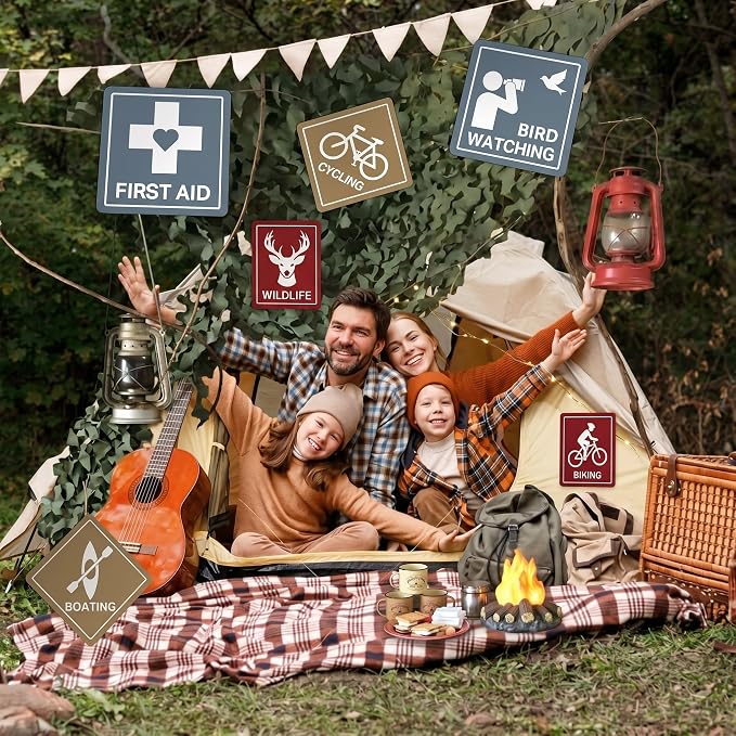 Bucherry Camping Party Backdrop Decoration Set 10 x 13 ft Camo Netting with 9 Camping Sign Cutouts Happy Camper Birthday Party Supplies Outdoor Adventure Photo Booth Wall Decor for Camp Theme Activity