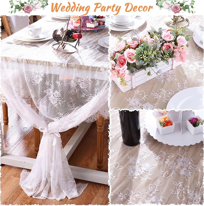 Honeydak 2 Pcs Lace Tablecloth Rectangular 60 x 120 Inch Wedding Rustic Tablecloth Overlay Rose Vintage Embroidered Wedding Reception Party Table Cover Decorations for Bridal Tea Party