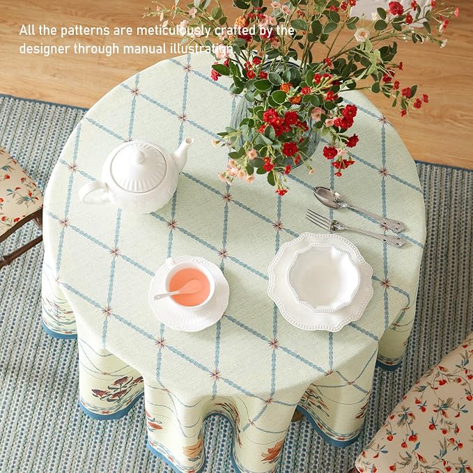 ISAENNE Designer Vintage Round Linen Tablecloth,Diameter 55"-Floralsea B | French Elegant Beautiful Durable Printed Table Cloth,Floral Pattern,Decoration,Heavyweight,Dining,Kitchen,Thanksgiving