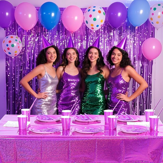 161Demon Hunter Holographic Laser Tablewares Kit, Pink Sparkling Iridescent Grad Decor for 20 Guests-Purple Party Supplies Paper Plates Napkins Cups Cultery for Birthday Wedding Graduation Bachelor