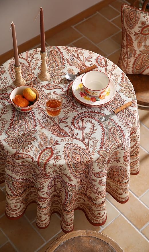 ISAENNE Designer Vintage Round Linen Tablecloth,Diameter 67"-Chauffrey D | Vintage French Table Cloth Round Table,Cashew Pattern,Durable,Heavyweight,Dining Room,Kitchen,Tea Party,Thanksgiving
