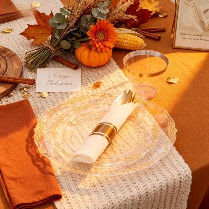 U-QE 175 Pieces Gold Plastic Plates and Napkins Party Supplies - Clear and Gold Dinnerware Set 25 Guest - 25 Dinner Plates, 25 Dessert Plates, 25 Per Rolled Napkins with Cutlery, 25 Cups 9 OZ