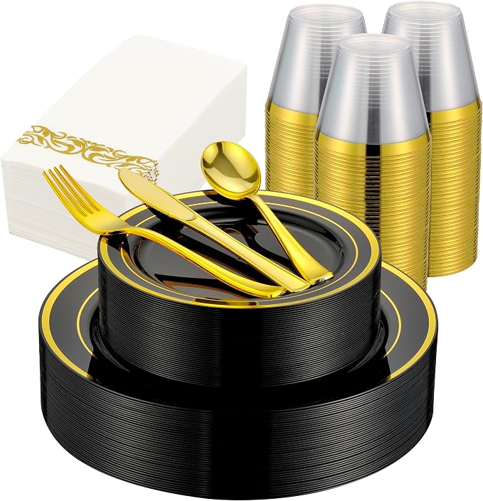 350pcs Black and Gold Dinnerware Set for 50 Guests, Black Plastic Plates with Gold Rim for Party -50 Dinne/Dessert Plates, 150 Silverware Set,50 Napkins and Cups