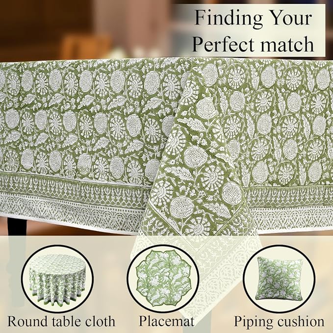 CPC Olive Bloom Tablecloth 100% Cotton 72x160 Inch Indian Block Print Rectangle Table Cover, Table Cloth for Gifting in Weddings, Halloween, Fall, Christmas, Thanksgiving