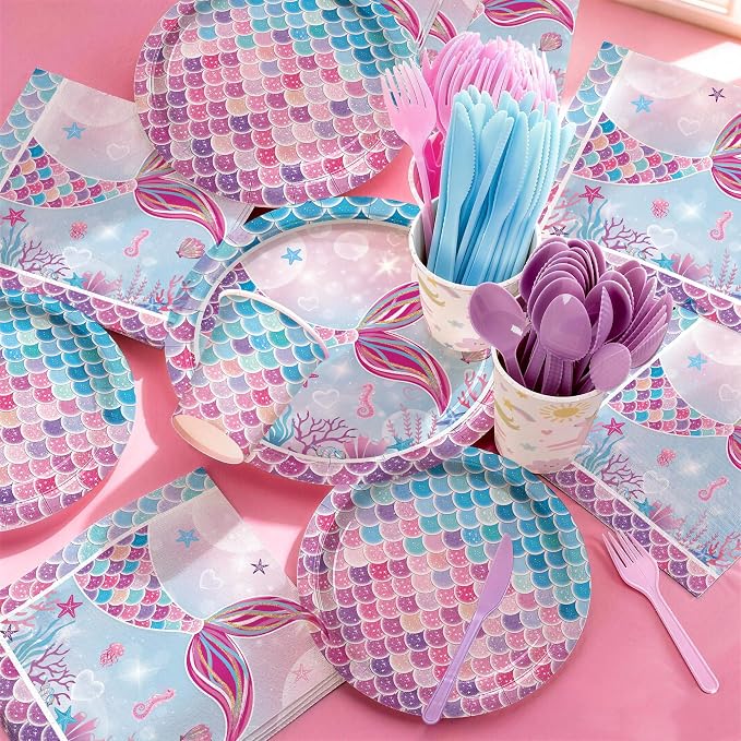 168PCS Mermaid Party Supplies for Birthday Summer Pool Themed Party Decorations Ocean Under The Sea Tableware Mermaid Tail Paper Plates Cups Napkins Set Serves 24 Guests