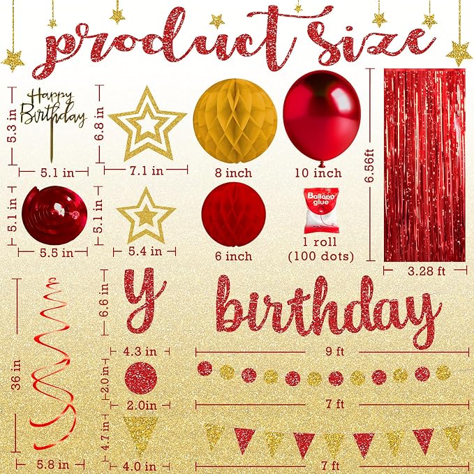 Red and Gold Birthday Party Decorations Set - Happy Birthday Banner Balloons Foil Curtains Hanging Swirls for Men Women Birthday Party Supplies