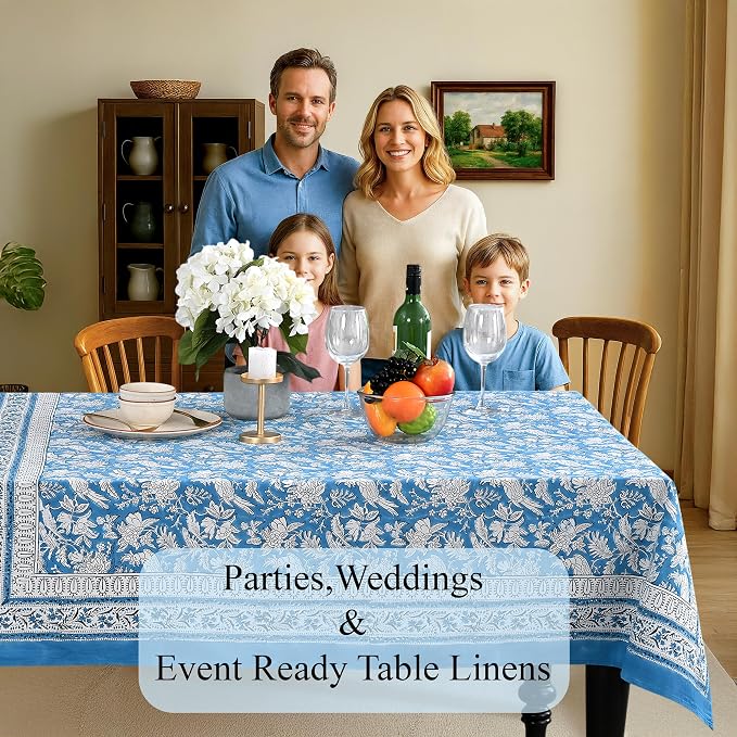 CPC Tablecloth 100% Cotton 72x160 Inch Indian Block Print Rectangle Table Cover, Washable Table Cloth for Weddings, Spring/Summer, Barbeque - Blue Sapphire