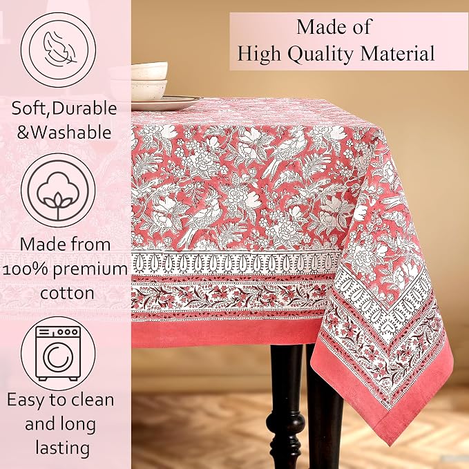 CPC Tablecloth 100% Cotton 72x190 Inch Indian Block Print Rectangle Table Cover, Pink Table Cloth for Weddings, Spring/Summer, Barbeque - Pink Coral