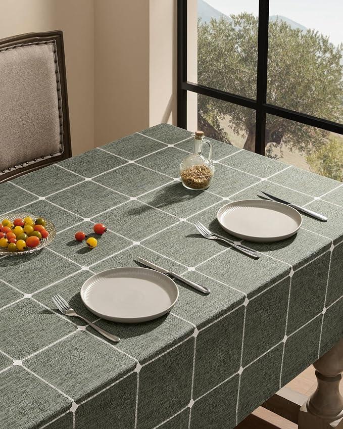 ZeeMart Grid Embroidered Hemmed Tablecloths, Olive 60x60 Inch, Farmhouse Style Heavy Weight Cotton Linen Olive Green Tablecloths, Boho Plaid Water Resistant Square Table Cloth