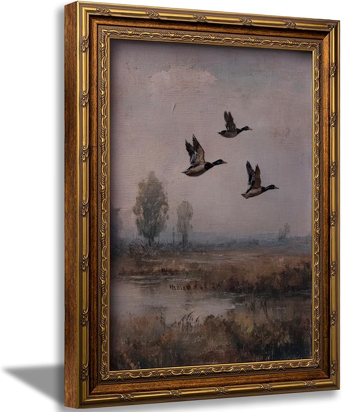 Vintage Gold Framed Flying Duck Wall Art Mallard Duck Canvas Wall Decor Rustic Mallard Poster Artwork Retro Rustic Farmhouse Animal Picture for Home Living Bedroom Farmhouse Hallway