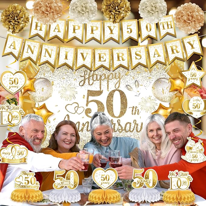 50th Golden Wedding Anniversary Decorations - White Gold Happy Anniversary Banner Backdrop Centerpiece Hanging Swirls Pom Poms