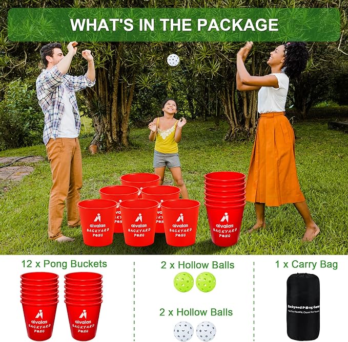 Aivalas Yard Pong Outdoor Games Glow Set in Dark, Giant Yard Pong Game for Adults and Family with 12 Buckets, 4 Balls and a Carrying Bag, Giant Pong for Beach, Camping, Lawn and Backyard