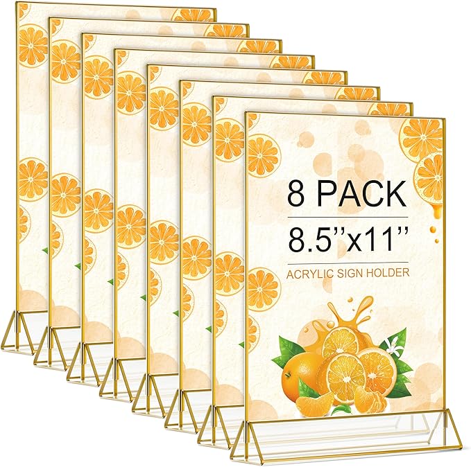 Gold Frame Acrylic Sign Holder 8.5x11 in, Double Sided Table Menu Holders 8Pack..