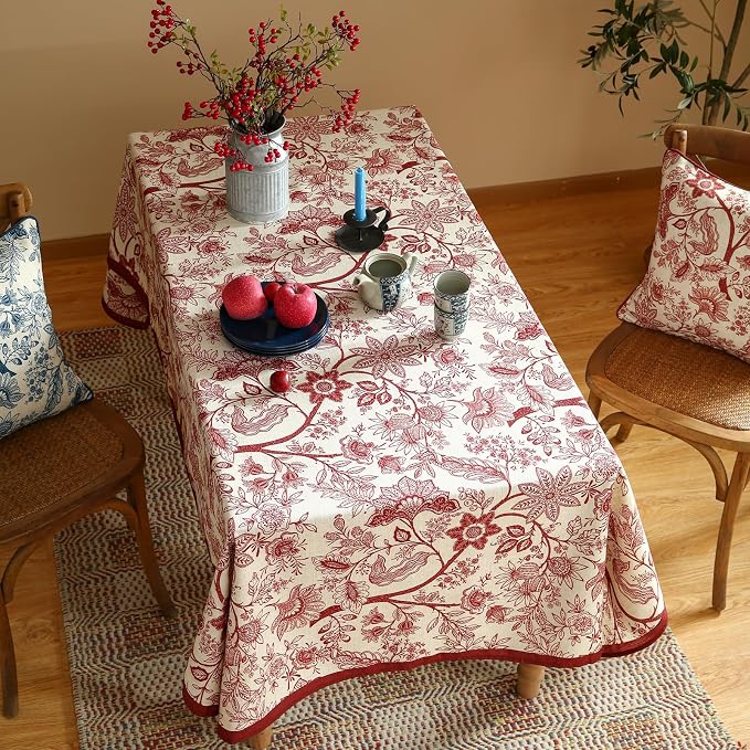 ISAENNE Designer French Linen Square Tablecloth,67"x67"-Ruyi A | Vintage Elegant Table Cloth for Square Table,Red Floral Pattern,Decoration,Heavyweight,Dining Room,Kitchen,Thanksgiving